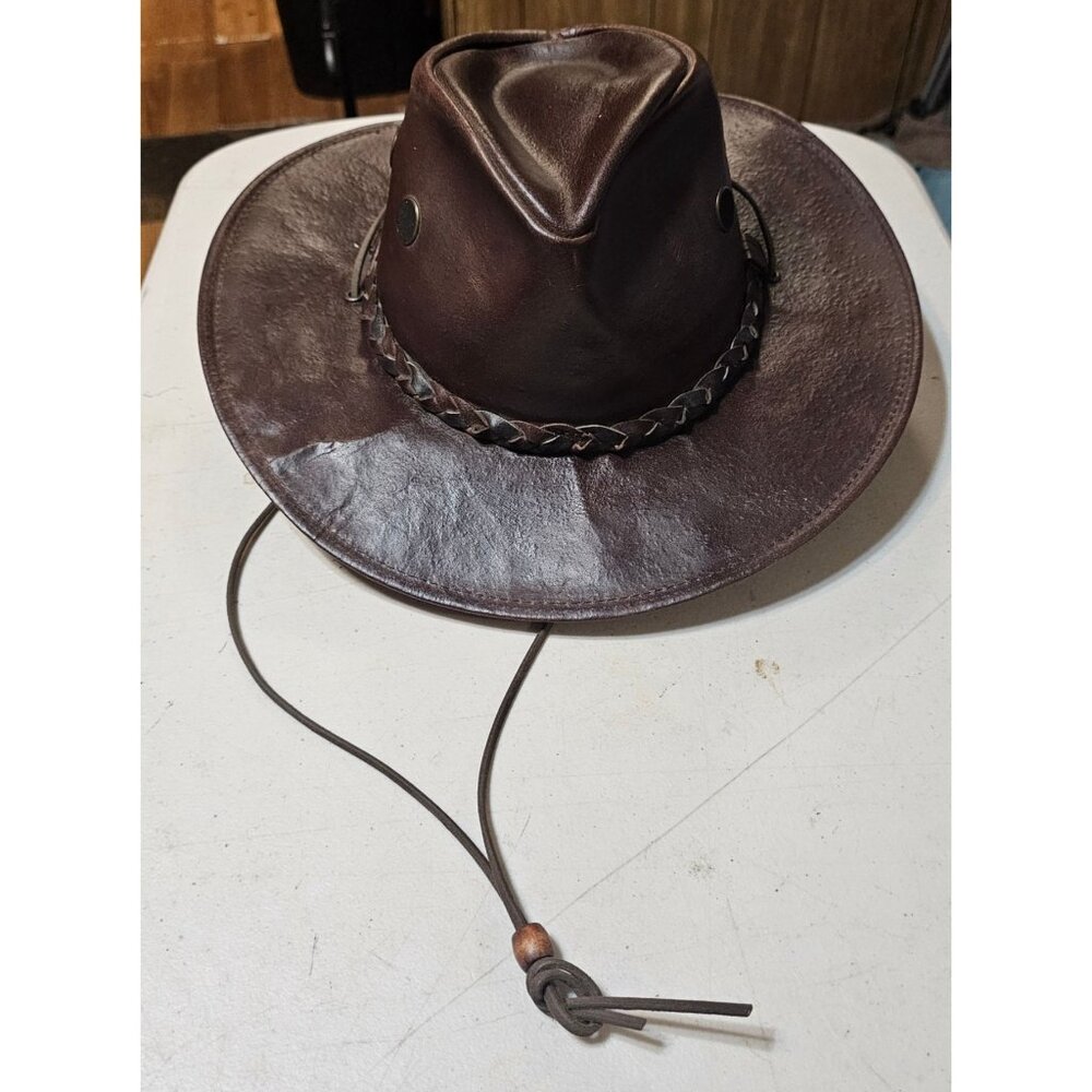 Henschel Brown Distressed Leather Cowboy Hat Braided Band Chin Cord USA Medium - Picture 2 of 9